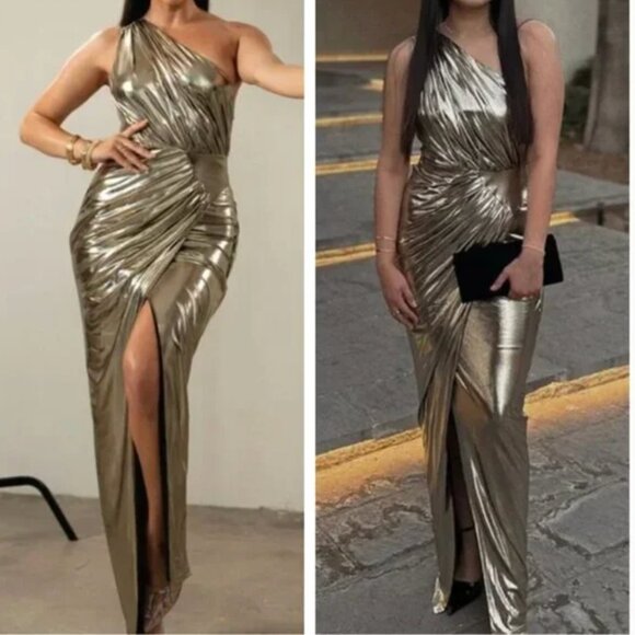 NEW JLUXLABEL Lavina Metallic Maxi Dress Gown Gold Cocktail Party High Slit S/M - Picture 1 of 8